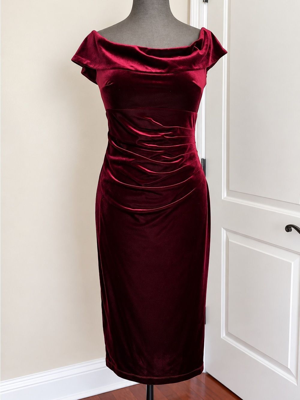 Xscape Off-Shoulder Velvet Dress in Burgundy